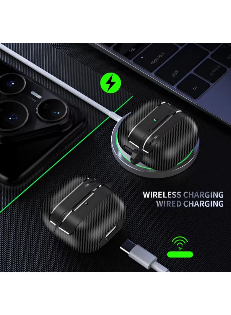 QIRG Shockproof Protective Case Compatible with Huawei FreeClip 2, Carbon Fiber Texture Huawei FreeClip 2 Case Cover with Keychain&Cleaning pen (Black) - Image 3