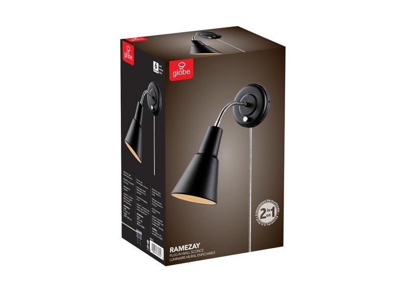 Globe Electric جلوبي إلكتريك 65312 راميزاي ضوء الجدار بزاوية مرنة، أسود غير لامع، لمبة غير مشمولة - Image 4