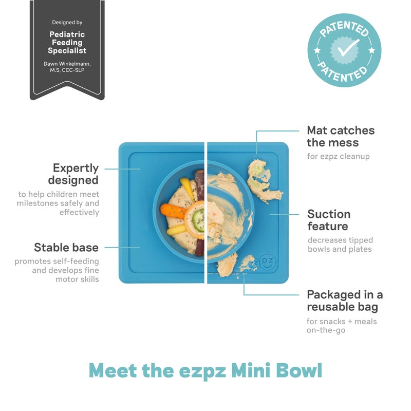 ezpz Mini Bowl for 12 Months+ (Blue) - 100% Silicone Suction Bowl with Built-in Placemat for Toddlers - Comes with a Reusable Travel Bag - Image 2