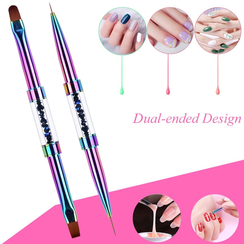 Ycyan 2Pcs Dual-ended UV Builder Gel Nail Brush Set Rhinestone Handle Nail Art Liner Brush Polygel Hard Gel Nail Brushes - Image 2