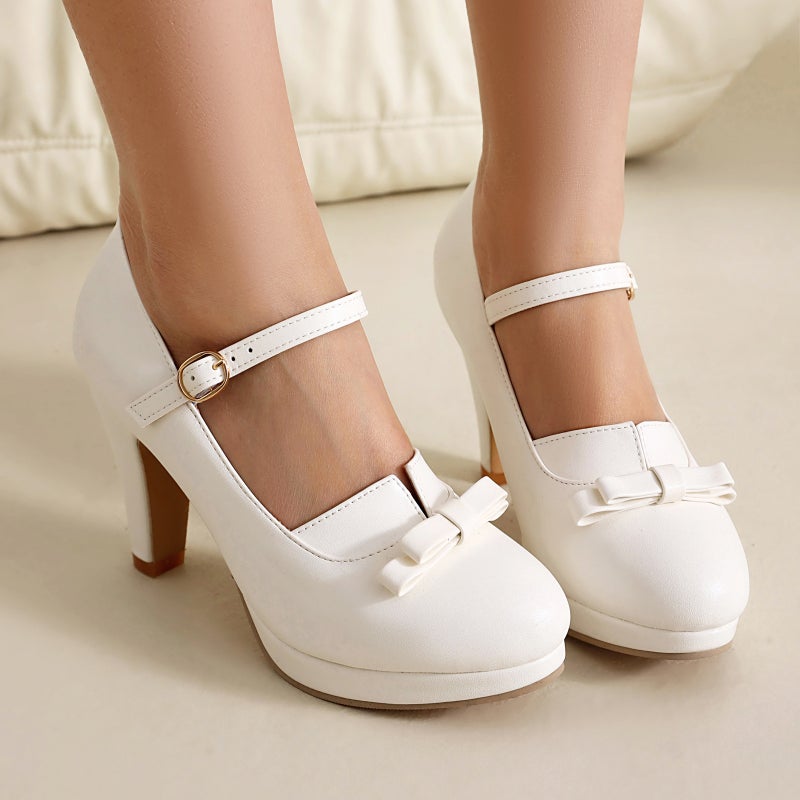 Supply Spring 2025 High Heeled Thick Bottom Bow 40-48 Plus Size Shallow Mouth One-Word Buckle Shallow Mouth Single Shoes - Image 4