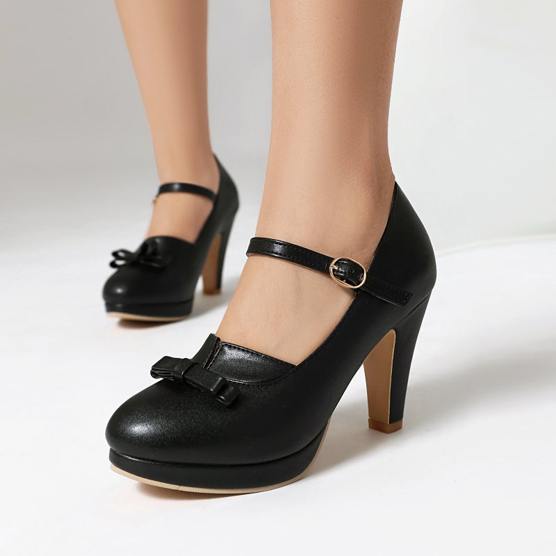 Supply Spring 2025 High Heeled Thick Bottom Bow 40-48 Plus Size Shallow Mouth One-Word Buckle Shallow Mouth Single Shoes - Image 5