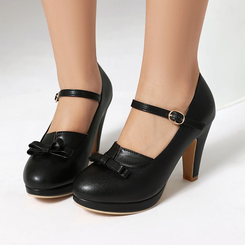Supply Spring 2025 High Heeled Thick Bottom Bow 40-48 Plus Size Shallow Mouth One-Word Buckle Shallow Mouth Single Shoes - Image 2
