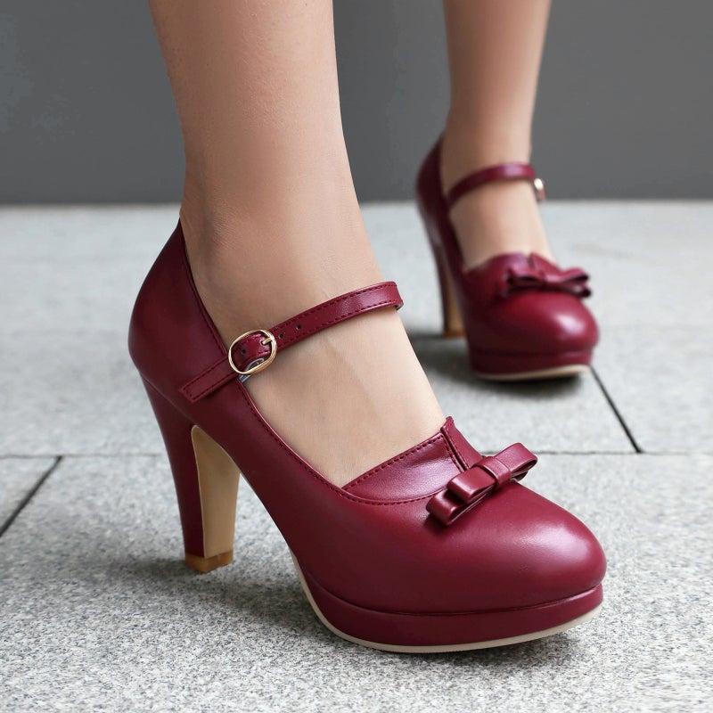 Supply Spring 2025 High Heeled Thick Bottom Bow 40-48 Plus Size Shallow Mouth One-Word Buckle Shallow Mouth Single Shoes - Image 3