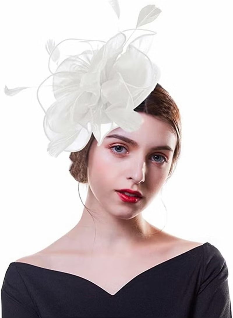 Fascinators Hat Tea Party Headwear Ribbons Feathers with a Headband and a Hair Clip, Women Elegant Hat Tea Party Royal Banquet Hats Hair Clip for Girls and Women, White - Image 1