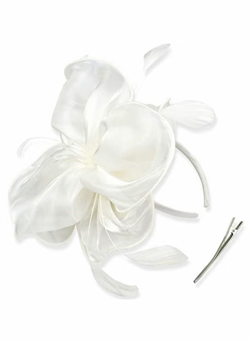 Fascinators Hat Tea Party Headwear Ribbons Feathers with a Headband and a Hair Clip, Women Elegant Hat Tea Party Royal Banquet Hats Hair Clip for Girls and Women, White - Image 3