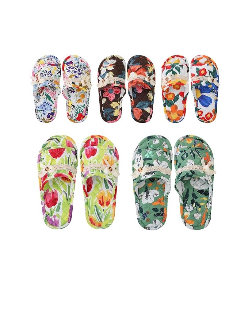 Excefore 5 Pairs Floral Cotton House Slippers for Women, Soft Open Toe Indoor Spa Slippers for Guests Washable Comfortable Portable Slippers Non Slip Slippers for Hotel Travel Bedroom Airplane Party - Image 1