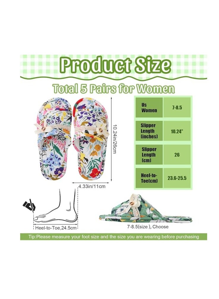 Excefore 5 Pairs Floral Cotton House Slippers for Women, Soft Open Toe Indoor Spa Slippers for Guests Washable Comfortable Portable Slippers Non Slip Slippers for Hotel Travel Bedroom Airplane Party - Image 2