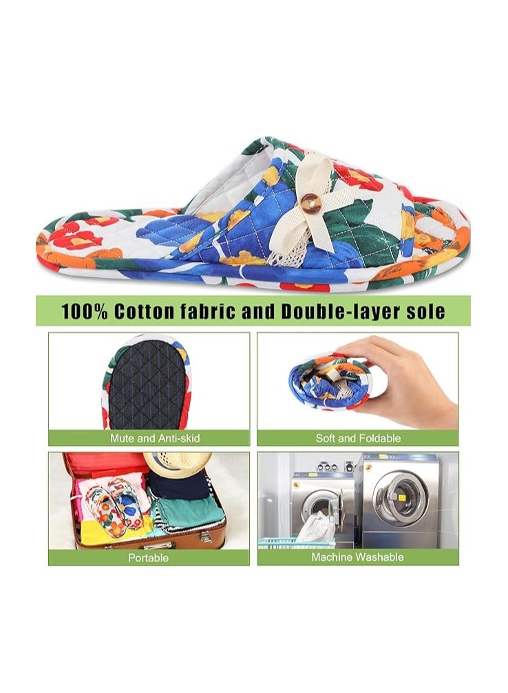 Excefore 5 Pairs Floral Cotton House Slippers for Women, Soft Open Toe Indoor Spa Slippers for Guests Washable Comfortable Portable Slippers Non Slip Slippers for Hotel Travel Bedroom Airplane Party - Image 3