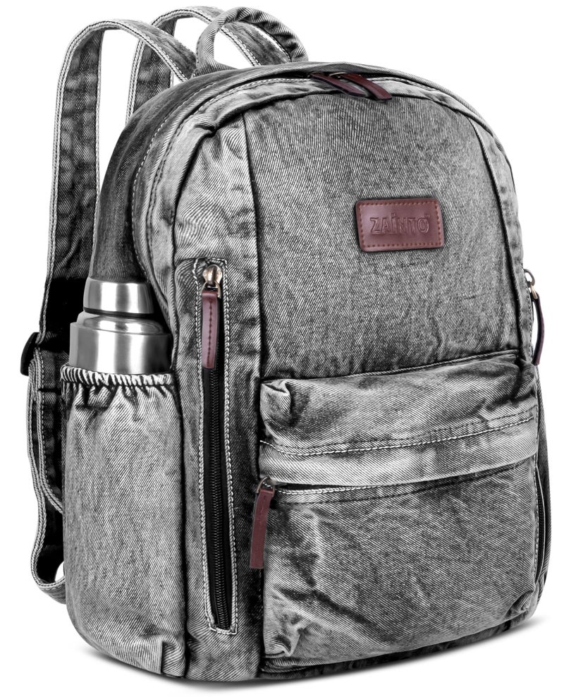 ZAINTO Grey Denim Backpack with Multi-Compartment Design - Washable, Eco-Friendly, Stylish, Durable Recycled & Upcycled Backpack|2 Compartments 25 liters - Image 1