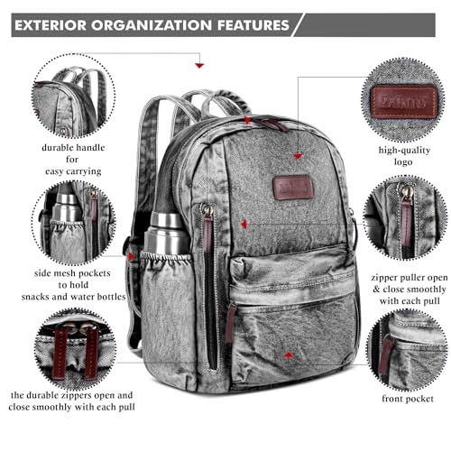 ZAINTO Grey Denim Backpack with Multi-Compartment Design - Washable, Eco-Friendly, Stylish, Durable Recycled & Upcycled Backpack|2 Compartments 25 liters - Image 3