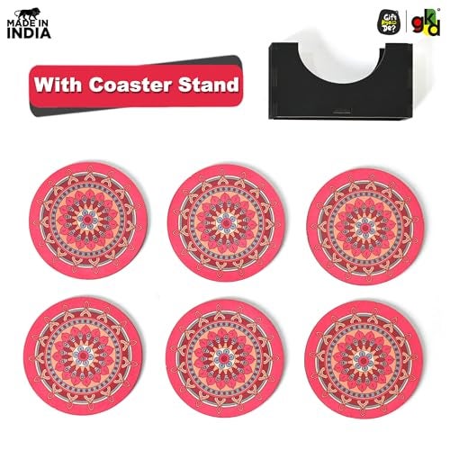 Gift Kya De Gkd Coaster Set Of 6 Beautiful Wooden Coasters With Proper Coaster Stand Designer Coaster Set Fit For Tea Cups, Coffee Mugs And Glasses (Round And Designer 3.5 X 3.5 Inch) (Pink) - Image 4