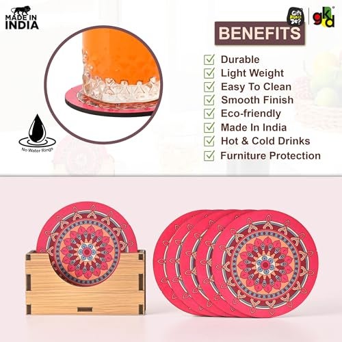Gift Kya De Gkd Coaster Set Of 6 Beautiful Wooden Coasters With Proper Coaster Stand Designer Coaster Set Fit For Tea Cups, Coffee Mugs And Glasses (Round And Designer 3.5 X 3.5 Inch) (Pink) - Image 5