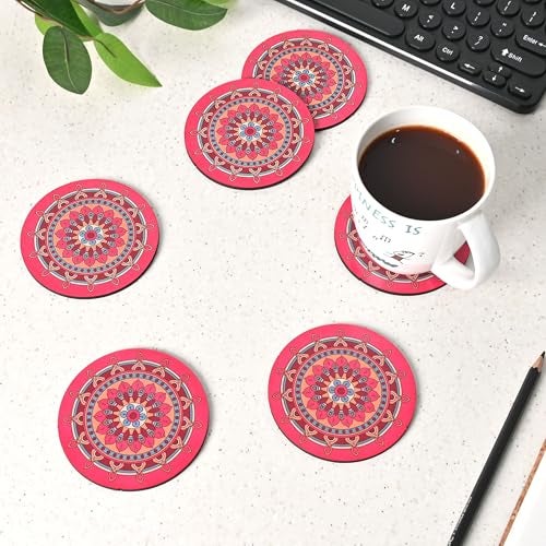 Gift Kya De Gkd Coaster Set Of 6 Beautiful Wooden Coasters With Proper Coaster Stand Designer Coaster Set Fit For Tea Cups, Coffee Mugs And Glasses (Round And Designer 3.5 X 3.5 Inch) (Pink) - Image 1