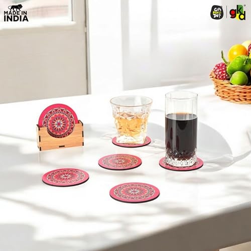 Gift Kya De Gkd Coaster Set Of 6 Beautiful Wooden Coasters With Proper Coaster Stand Designer Coaster Set Fit For Tea Cups, Coffee Mugs And Glasses (Round And Designer 3.5 X 3.5 Inch) (Pink) - Image 3