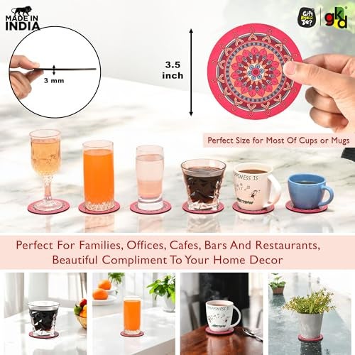Gift Kya De Gkd Coaster Set Of 6 Beautiful Wooden Coasters With Proper Coaster Stand Designer Coaster Set Fit For Tea Cups, Coffee Mugs And Glasses (Round And Designer 3.5 X 3.5 Inch) (Pink) - Image 2