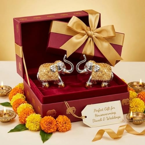 Salvus APP SOLUTIONS Golden Elephant Showpiece for Home Décor - Elegant Gaj Laxmi Elephant Statue for Pooja Room (Gold_White_Set of 2_2.5x2 inch) - Image 5