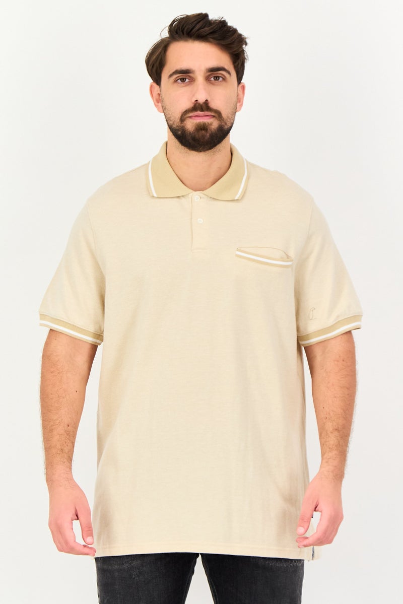 Chaps Men Regular Fit Birdseye Short Sleeve Polo Shirt, Beige - Image 1