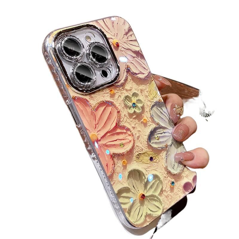 غطاء واقي بTPU + PC لـ iPhone 15 / 15 Plus / 15 Pro / 15 Pro Max مع زهرة الرسم الزيتي المرصعة بأحجار الراين وحماية عدسة لامعة مع مقاوم للصدمات مع تغطية كاملة مع حماية من السقوط بالل. - Image 2