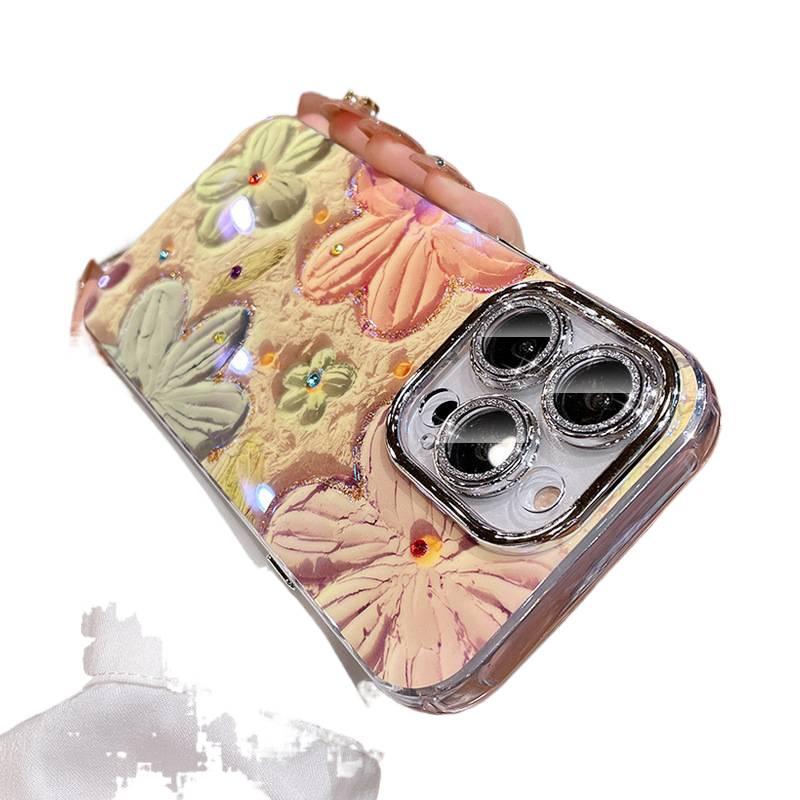 غطاء واقي بTPU + PC لـ iPhone 15 / 15 Plus / 15 Pro / 15 Pro Max مع زهرة الرسم الزيتي المرصعة بأحجار الراين وحماية عدسة لامعة مع مقاوم للصدمات مع تغطية كاملة مع حماية من السقوط بالل. - Image 1