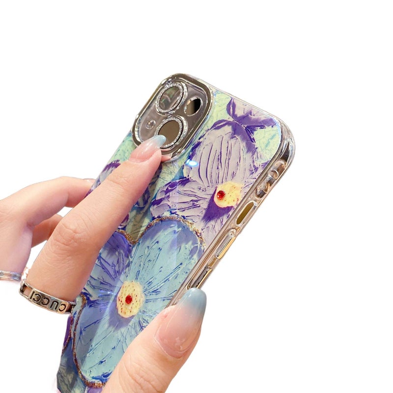 غطاء واقي بTPU + PC لـ iPhone 15 / 15 Plus / 15 Pro / 15 Pro Max مع زهرة الرسم الزيتي المرصعة بأحجار الراين وحماية عدسة لامعة مع مقاوم للصدمات مع تغطية كاملة مع حماية من السقوط بالل. - Image 4