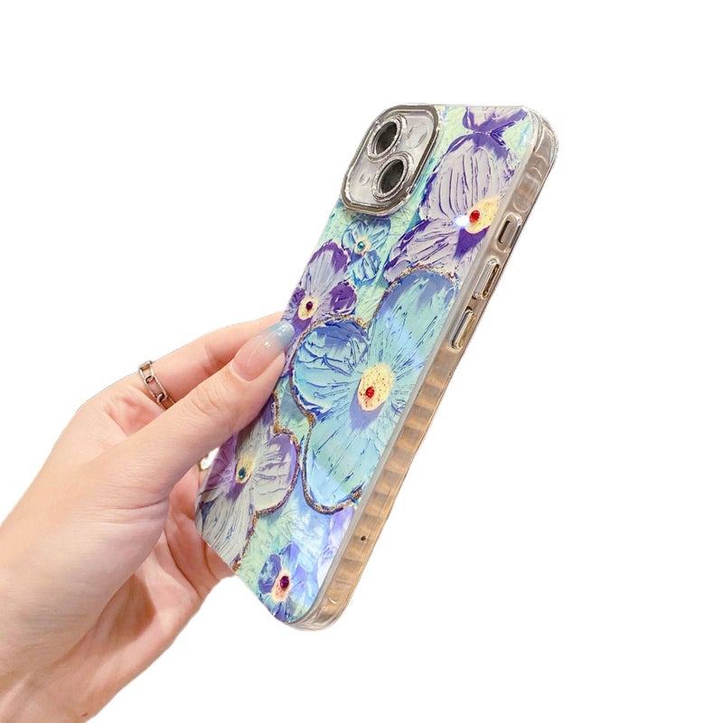 غطاء واقي بTPU + PC لـ iPhone 15 / 15 Plus / 15 Pro / 15 Pro Max مع زهرة الرسم الزيتي المرصعة بأحجار الراين وحماية عدسة لامعة مع مقاوم للصدمات مع تغطية كاملة مع حماية من السقوط بالل. - Image 5