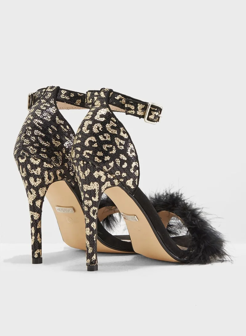 QUIZ Leopard Print Feather High Heels