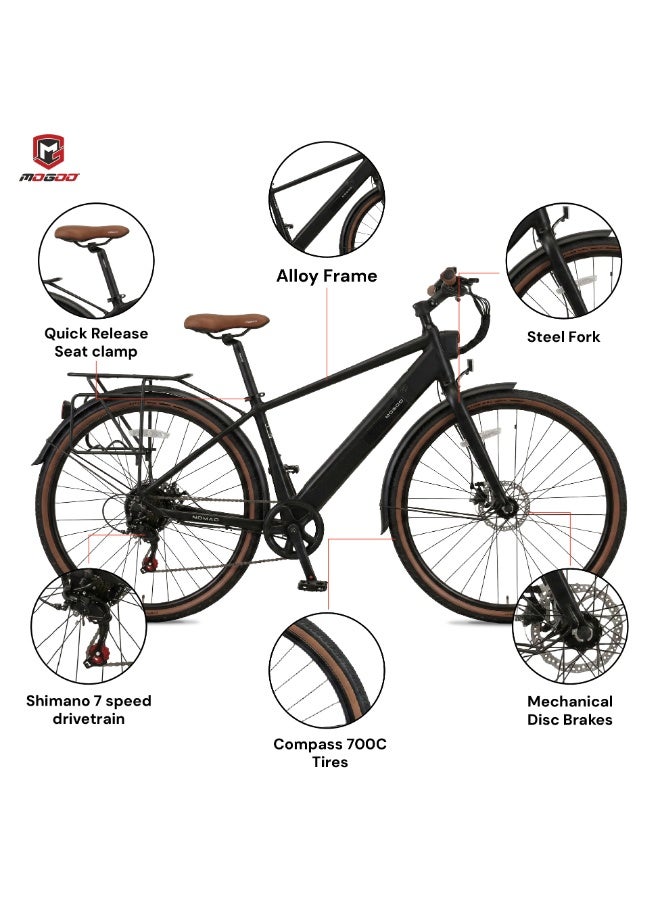MOGOO دراجة كهربائية هجينة موغو 700C نوماد - محرك 36V 350W، 7 سرعات شيمانو، فرامل قرصية مزدوجة، حامل خلفي، واقيات طين ومصباح أمامي مدمج - دراجة كهربائية للمدينة للبالغين - أسود - Image 3