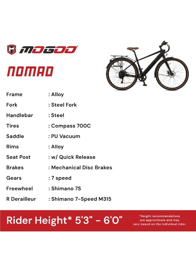 MOGOO دراجة كهربائية هجينة موغو 700C نوماد - محرك 36V 350W، 7 سرعات شيمانو، فرامل قرصية مزدوجة، حامل خلفي، واقيات طين ومصباح أمامي مدمج - دراجة كهربائية للمدينة للبالغين - أسود - Image 5