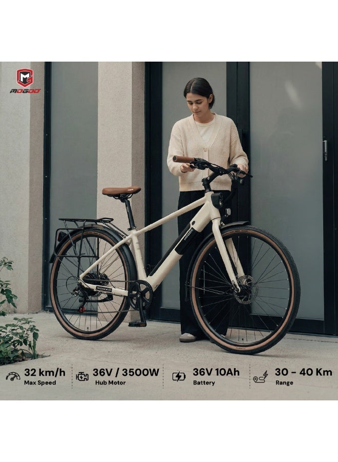 MOGOO دراجة كهربائية هجينة موغو 700C نوماد - محرك 36V 350W، 7 سرعات شيمانو، فرامل قرصية مزدوجة، حامل خلفي، واقيات طين ومصباح أمامي مدمج - دراجة كهربائية للمدينة للبالغين - أسود - Image 4