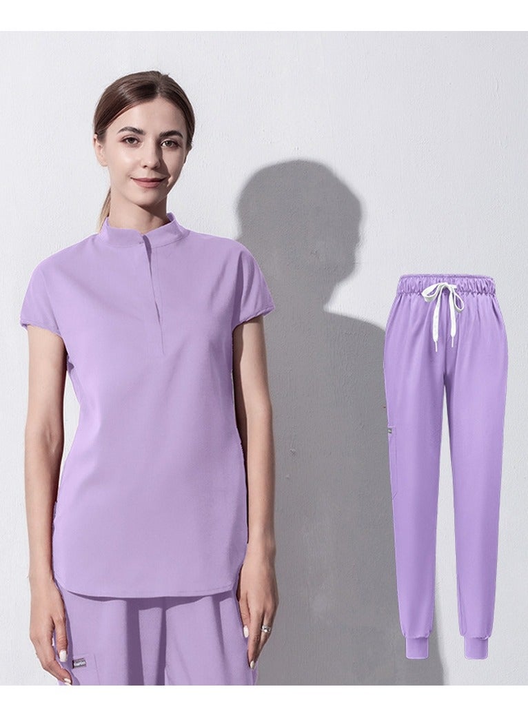 Loquat Medical Uniform Scrubs 2 Piece Set Stand Collar Top and Elastic Waist Jogger Pants Suit Light Purple