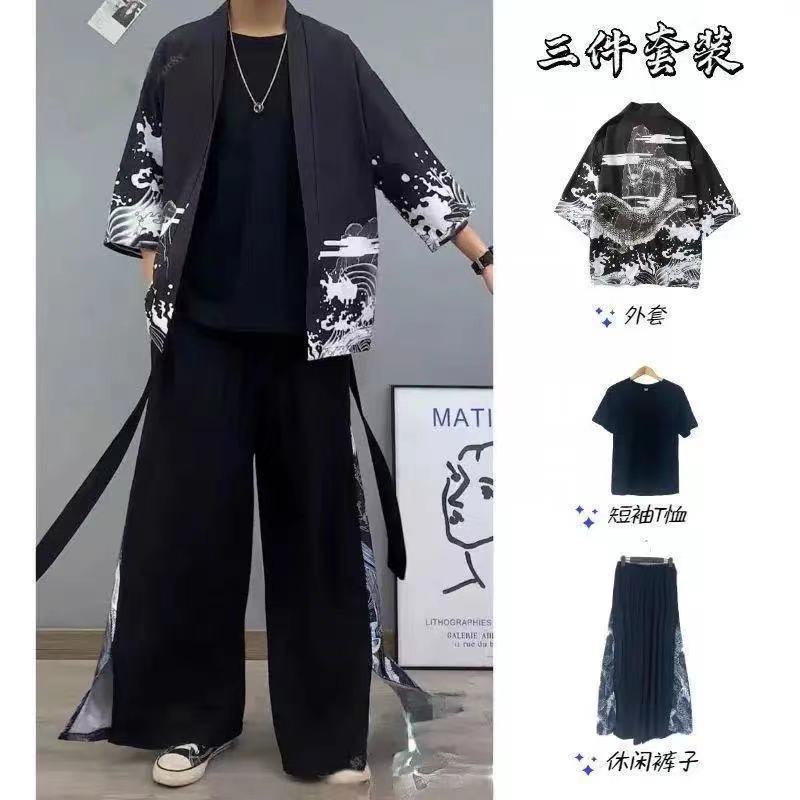 Mens Chinese Style Robe Set Fashion Trendy Hanfu Summer Tang Suit Traditional Costume Chinese Dragon Black Black T Black Pants