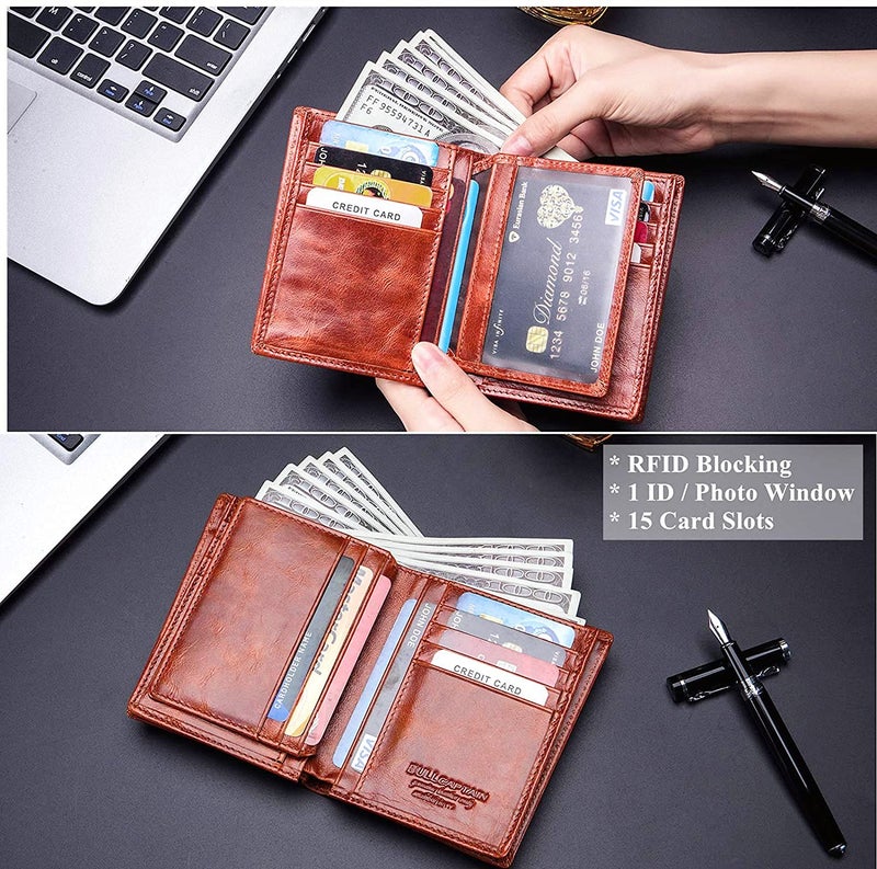 BULLCAPTAIN Large Capacity Genuine Leather Bifold Wallet/Credit Card Holder for Men with 15 Card Slots QB-027 (Reddish Brown) - Image 3