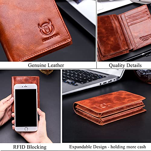 BULLCAPTAIN Large Capacity Genuine Leather Bifold Wallet/Credit Card Holder for Men with 15 Card Slots QB-027 (Reddish Brown) - Image 5