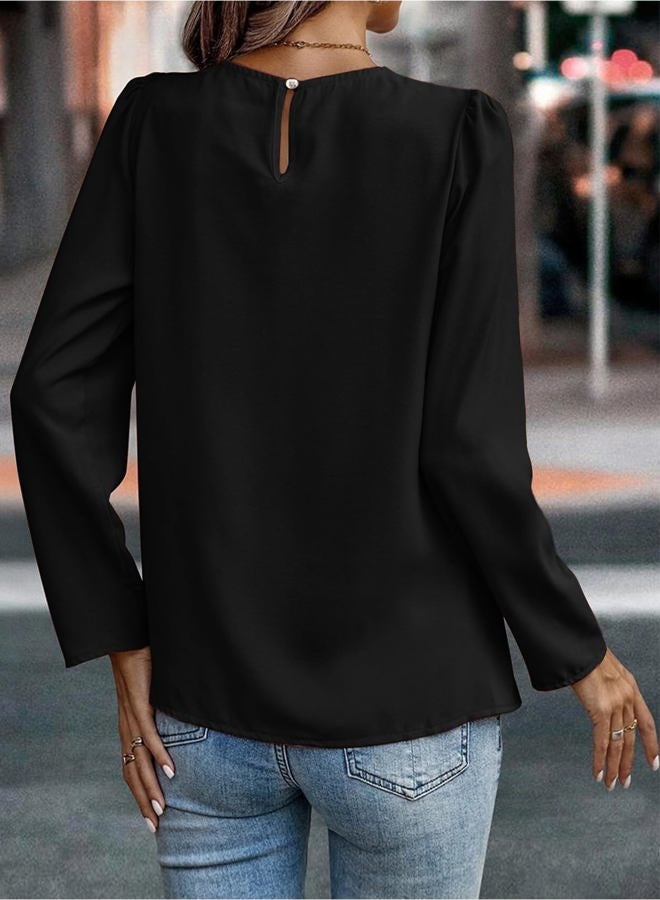 Samefar Black Long Sleeve Shirts for Women Crewneck Office Loose Fit Womens Work Tops Chiffon Blouses for Women Fashion 2024 Medium - Image 2