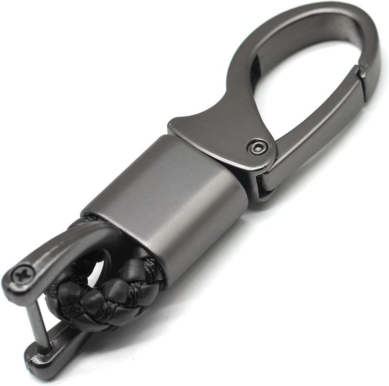 Leather and Metal Keychain with D-Ring - 360 Degree Rotatable, Black - Image 1