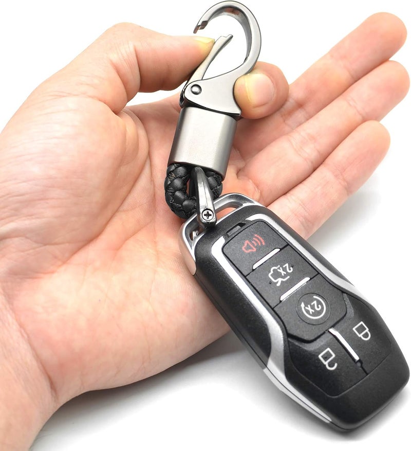 Leather and Metal Keychain with D-Ring - 360 Degree Rotatable, Black - Image 4
