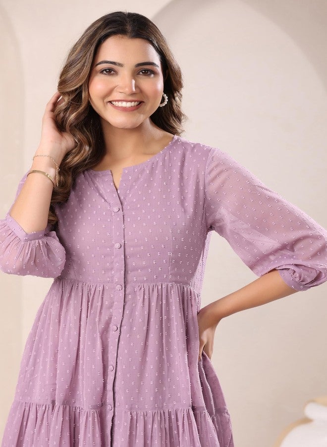 Janasya Women's Lavender Dobby Chiffon Self Design Tiered Tunic (JAA25TU01502-L) - Image 2