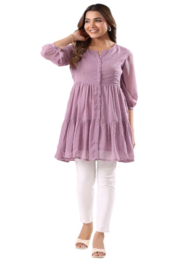 Janasya Women's Lavender Dobby Chiffon Self Design Tiered Tunic (JAA25TU01502-L) - Image 1