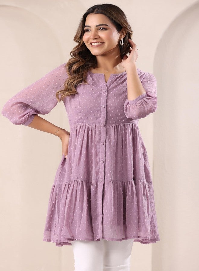 Janasya Women's Lavender Dobby Chiffon Self Design Tiered Tunic (JAA25TU01502-L) - Image 5