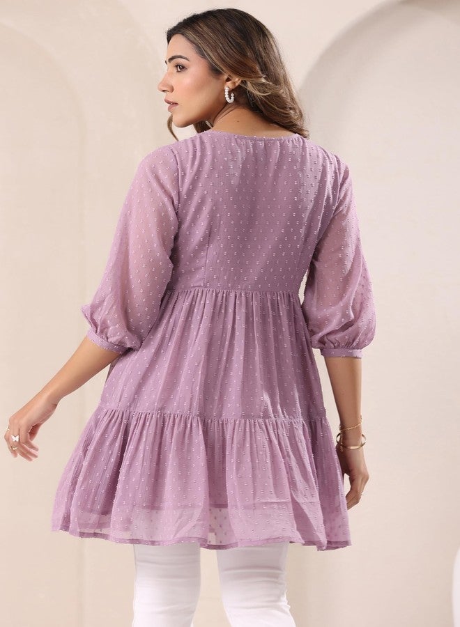 Janasya Women's Lavender Dobby Chiffon Self Design Tiered Tunic (JAA25TU01502-L) - Image 4