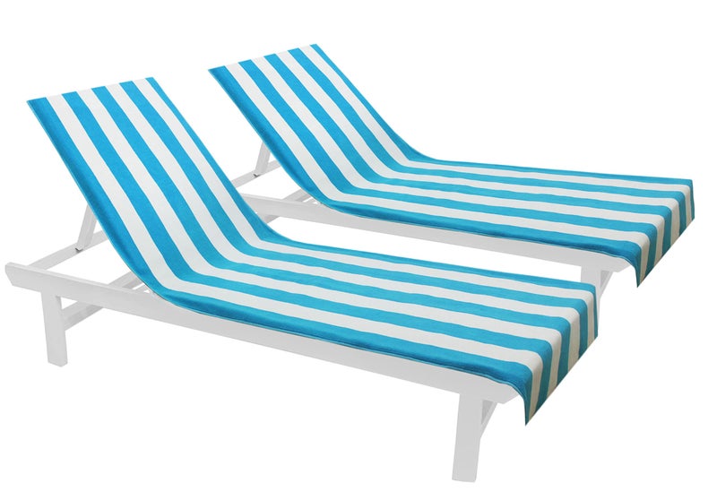 COTTON CRAFT Pool Lounge Chair Cover - 2 Pack - Chaise Beach Picnic Spa Towel - Cabana Stripe - Soft Premium Ringspun Terry Cotton - Oversized - 32 inch Wide x 82 inch Long with 7 inch Pocket â€“ Aqua - Image 1