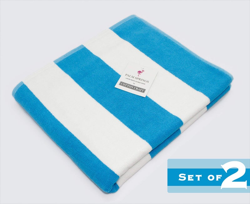 COTTON CRAFT Pool Lounge Chair Cover - 2 Pack - Chaise Beach Picnic Spa Towel - Cabana Stripe - Soft Premium Ringspun Terry Cotton - Oversized - 32 inch Wide x 82 inch Long with 7 inch Pocket â€“ Aqua - Image 2