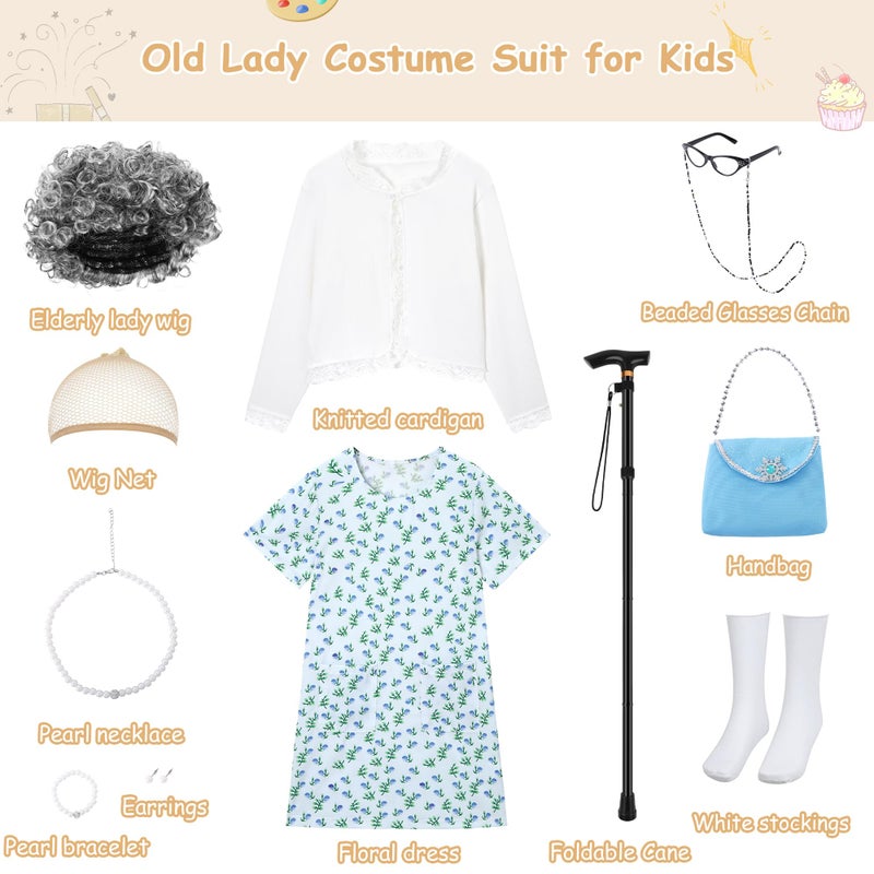 WooHand Grandma Costume for Kids 100 Day of School Costume for Girls Old Lady Granny Dress Up 100th Day of School Outfit Shirt Wig Cane Ages 8-10 Blue - Image 2