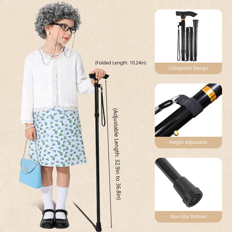WooHand Grandma Costume for Kids 100 Day of School Costume for Girls Old Lady Granny Dress Up 100th Day of School Outfit Shirt Wig Cane Ages 8-10 Blue - Image 5