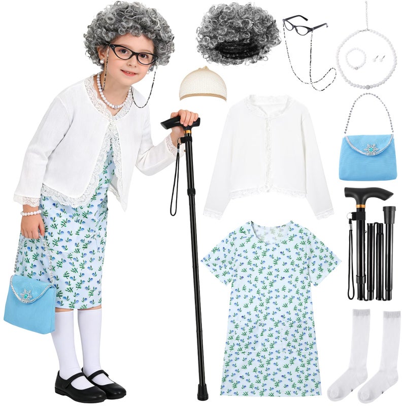 WooHand Grandma Costume for Kids 100 Day of School Costume for Girls Old Lady Granny Dress Up 100th Day of School Outfit Shirt Wig Cane Ages 8-10 Blue - Image 1
