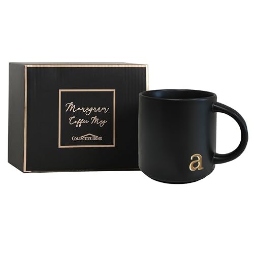COLLECTIVE HOME - Black Monogram Ceramic Mugs, 15 oz Golden Initial Coffee Cups, Elegant Alphabet Tea Mugs, Personalized Halloween Mug with Gift Box, Perfect for Office and Home Décor (a) - Image 4