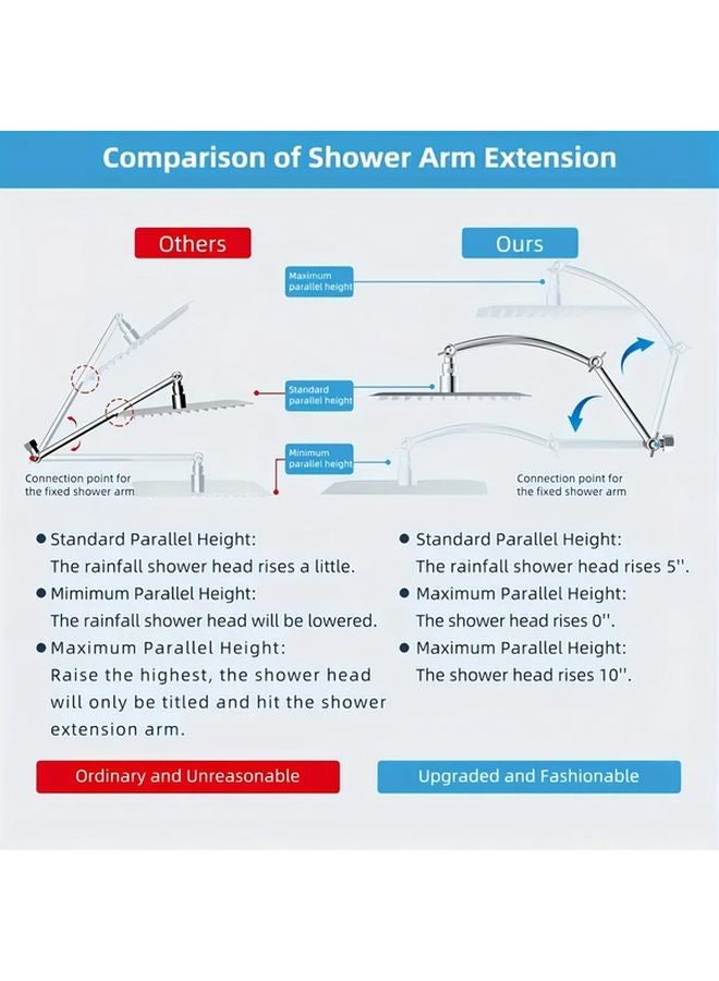 Black All Metal 16 Inch Shower Head Extension Arm Flexible Adjustable Height Chrome - Image 4