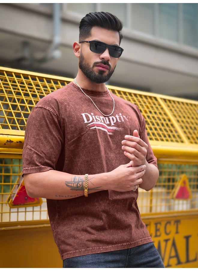 Maniac Maniac Mens Disruptive Optic Wash Round Neck 3/4th Sleeve Brown Cotton T-Shirt  - Image 3