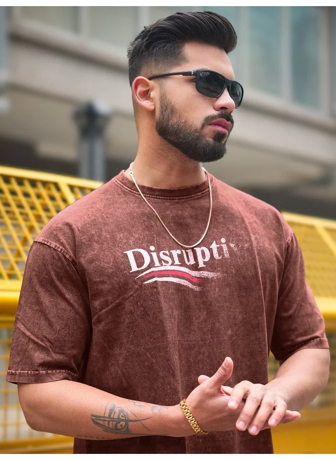 مانياك Maniac Mens Disruptive Optic Wash Round Neck 3/4th Sleeve Brown Cotton T-Shirt